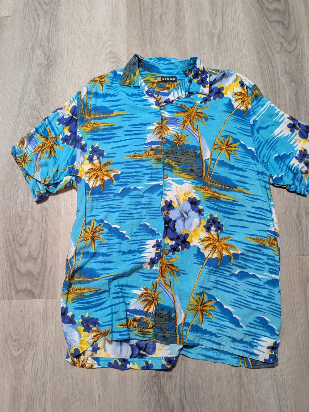 Men's Blue Tropical Print Short Sleeve Button-Down Shirt